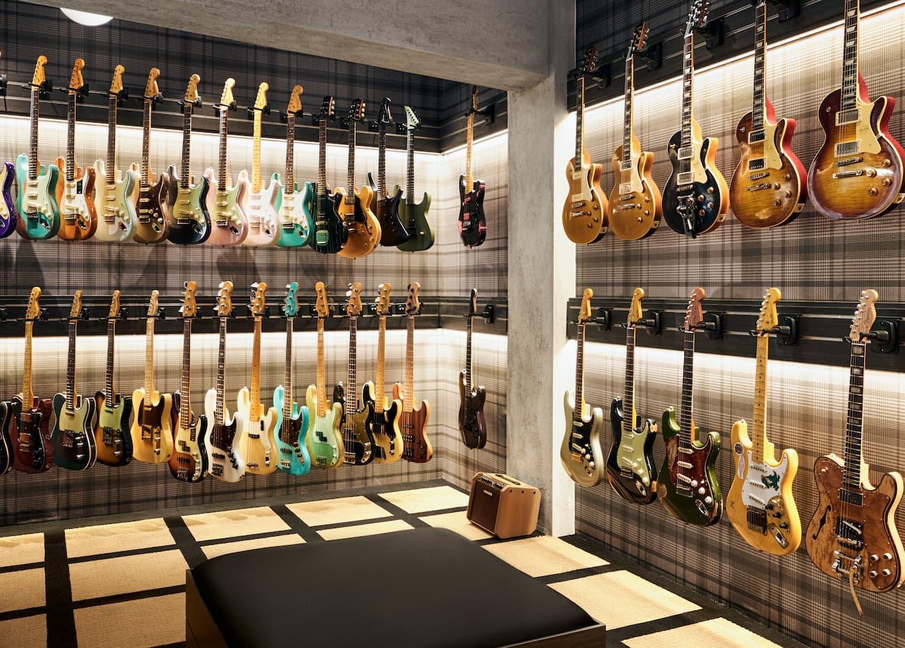 Room full of guitars
