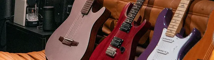 Three guitars on display